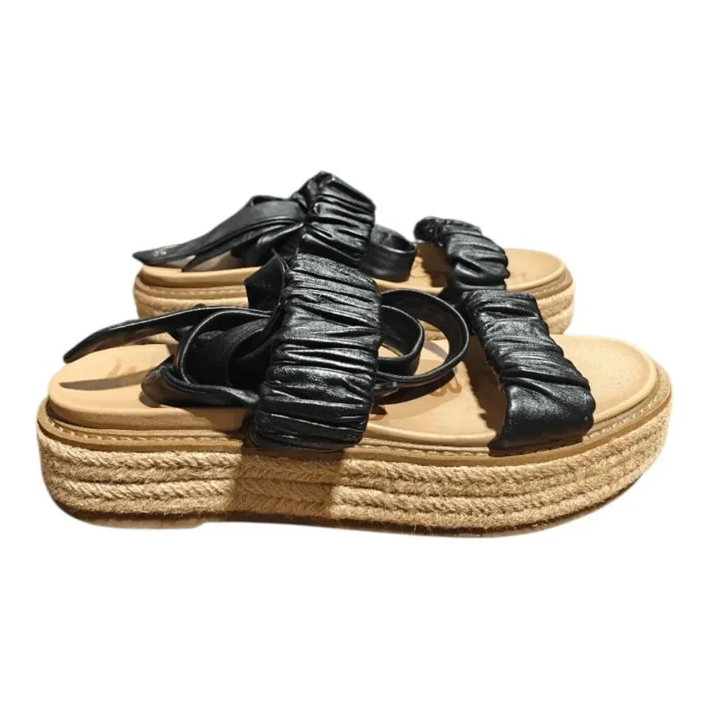 SAM EDELMAN Kerin Black Leather Wraparound Ankle Espadrille Platform Sandals Siz